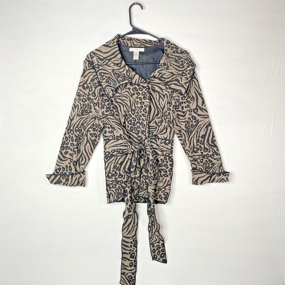 Susan Bristol Womens Jacket Brown Animal Cheetah XL Knit Belted Lined Mob Wife - Picture 4 of 16